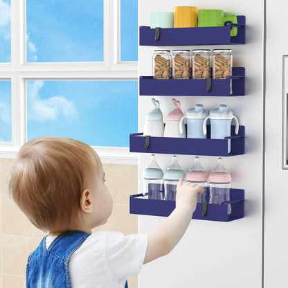 4 Pack Magnetic Spice Rack Organizer for Refrigerator and Oven, Black Fridge Organizers and Storage for Kitchen | Kitchen Magnetic Shelf for Fridge, Spice Organizer and Storage, Baby Bottle Holder for Fridge, Magnetic Tea Bag Organizer