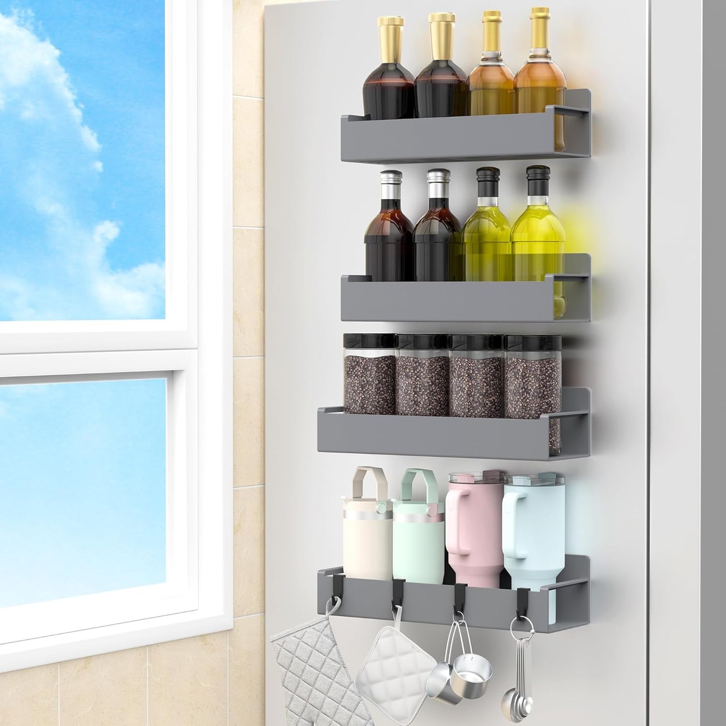 4 Pack Magnetic Spice Rack Organizer for Refrigerator and Oven, Black Fridge Organizers and Storage for Kitchen | Kitchen Magnetic Shelf for Fridge, Spice Organizer and Storage, Baby Bottle Holder for Fridge, Magnetic Tea Bag Organizer