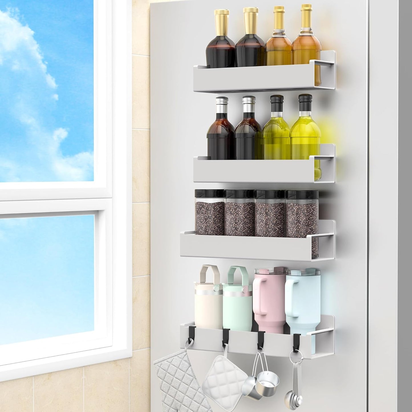 4 Pack Magnetic Spice Rack Organizer for Refrigerator and Oven, Black Fridge Organizers and Storage for Kitchen | Kitchen Magnetic Shelf for Fridge, Spice Organizer and Storage, Baby Bottle Holder for Fridge, Magnetic Tea Bag Organizer