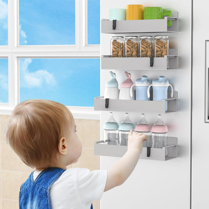 4 Pack Magnetic Spice Rack Organizer for Refrigerator and Oven, Black Fridge Organizers and Storage for Kitchen | Kitchen Magnetic Shelf for Fridge, Spice Organizer and Storage, Baby Bottle Holder for Fridge, Magnetic Tea Bag Organizer