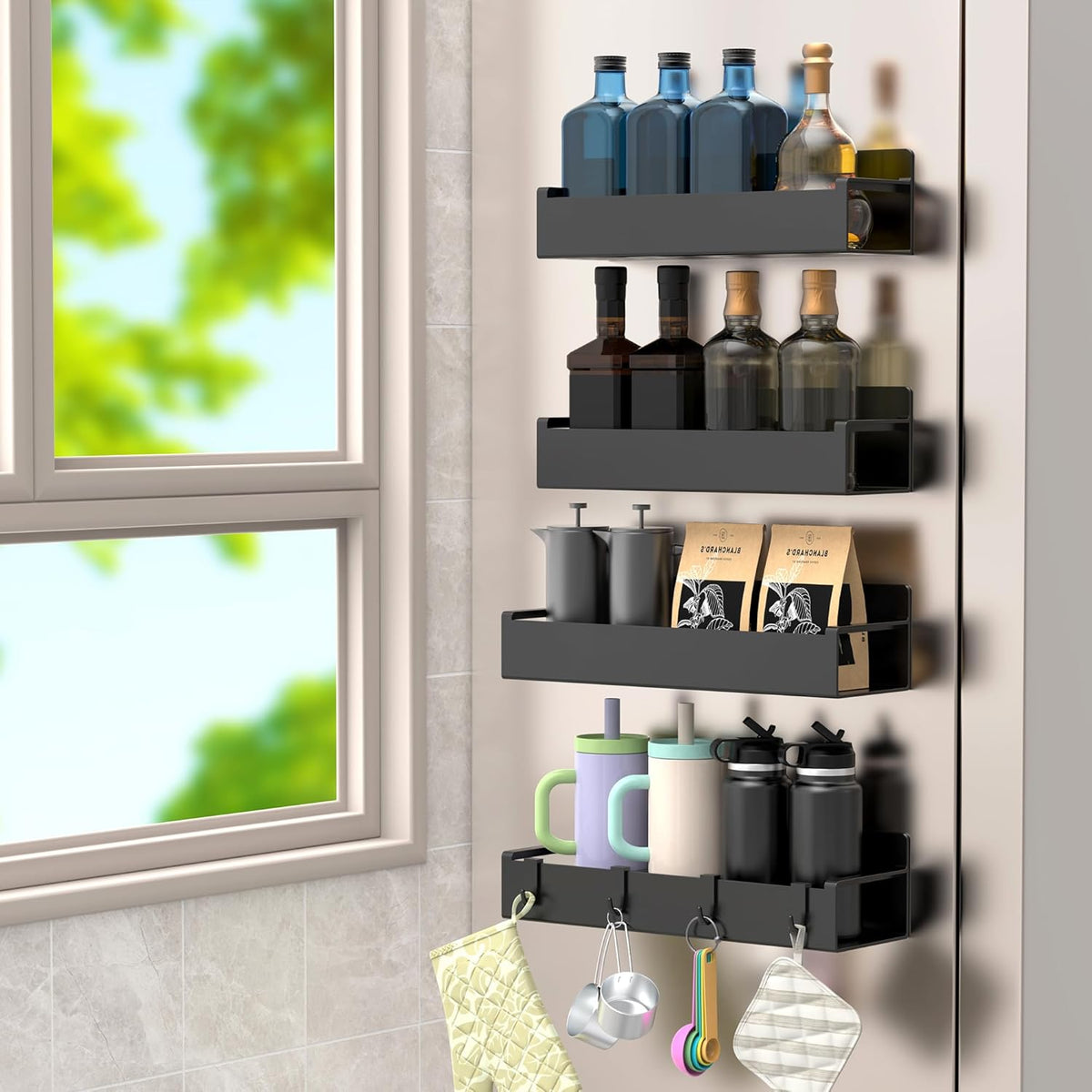 4 Pack Magnetic Spice Rack Organizer for Refrigerator and Oven, Black Fridge Organizers and Storage for Kitchen | Kitchen Magnetic Shelf for Fridge, Spice Organizer and Storage, Baby Bottle Holder for Fridge, Magnetic Tea Bag Organizer