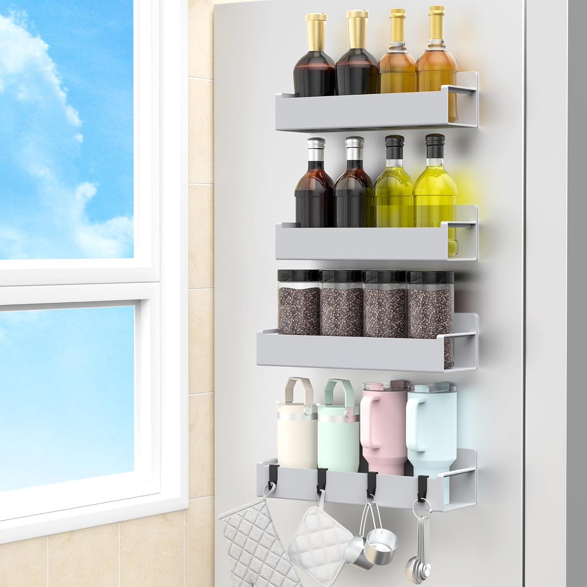 4 Pack Magnetic Spice Rack Organizer for Refrigerator and Oven, Black Fridge Organizers and Storage for Kitchen | Kitchen Magnetic Shelf for Fridge, Spice Organizer and Storage, Baby Bottle Holder for Fridge, Magnetic Tea Bag Organizer