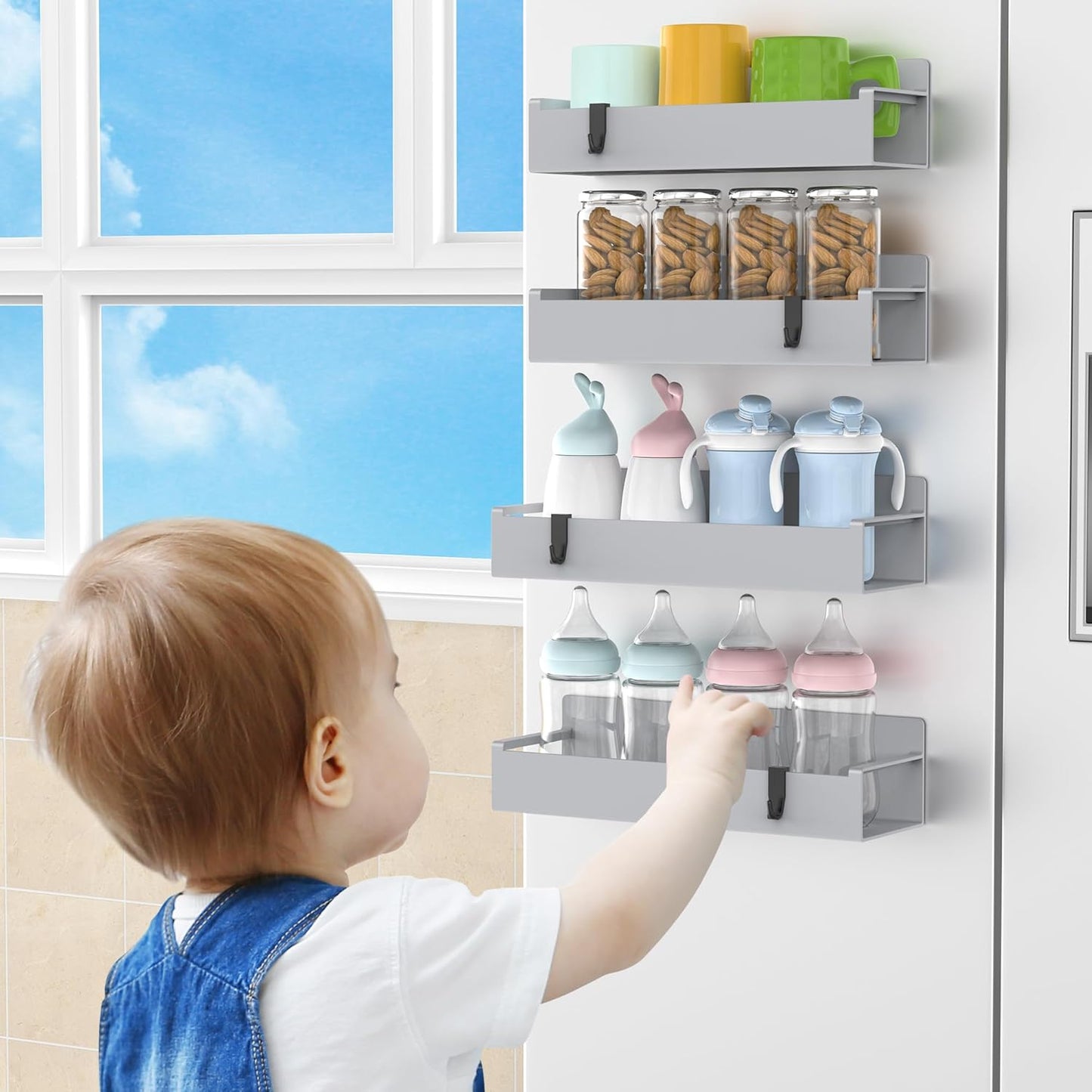 4 Pack Magnetic Spice Rack Organizer for Refrigerator and Oven, Black Fridge Organizers and Storage for Kitchen | Kitchen Magnetic Shelf for Fridge, Spice Organizer and Storage, Baby Bottle Holder for Fridge, Magnetic Tea Bag Organizer