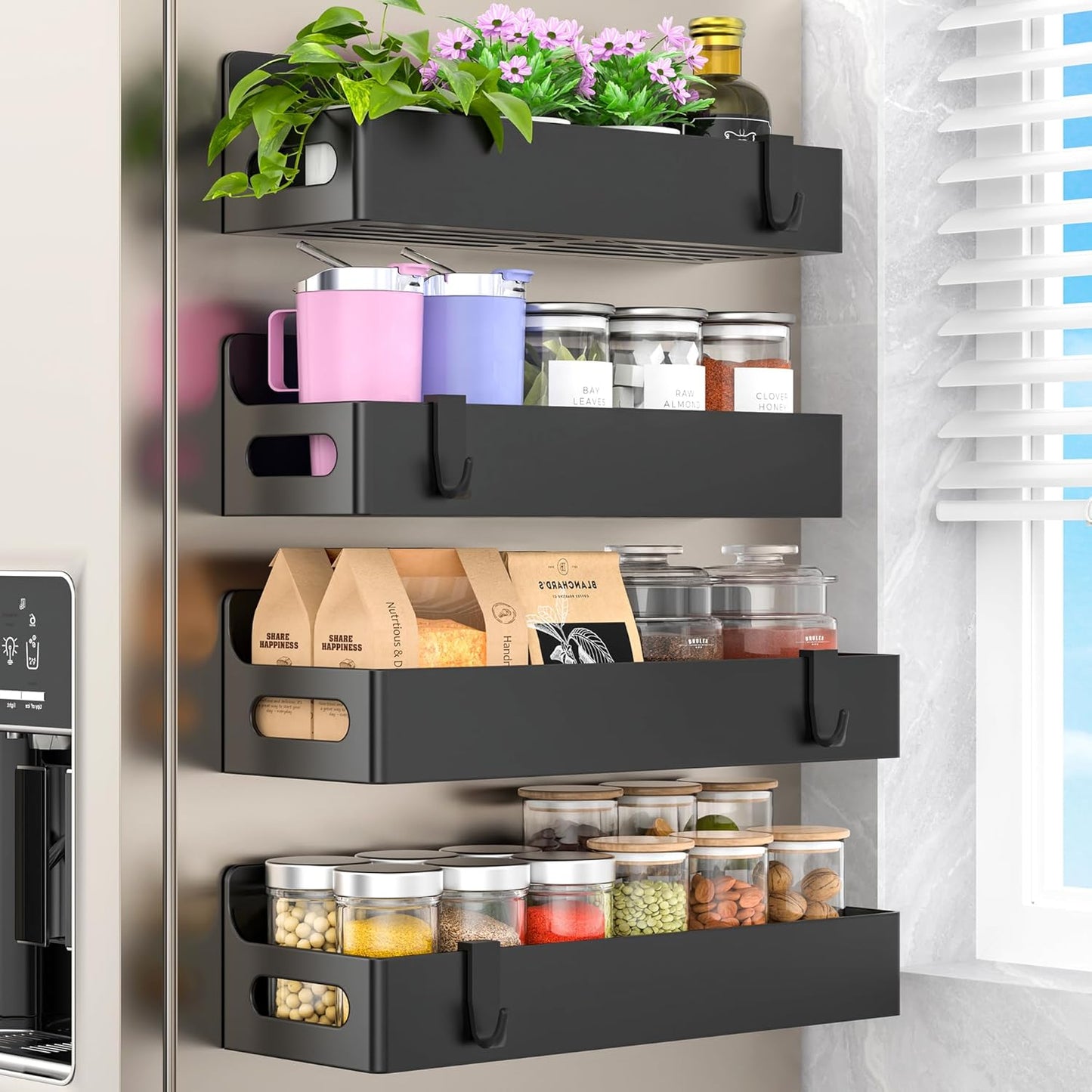 4 Pack Magnetic Spice Rack Organizer for Refrigerator and Oven, Black Fridge Organizers and Storage for Kitchen | Kitchen Magnetic Shelf for Fridge, Spice Organizer and Storage, Baby Bottle Holder for Fridge, Magnetic Tea Bag Organizer