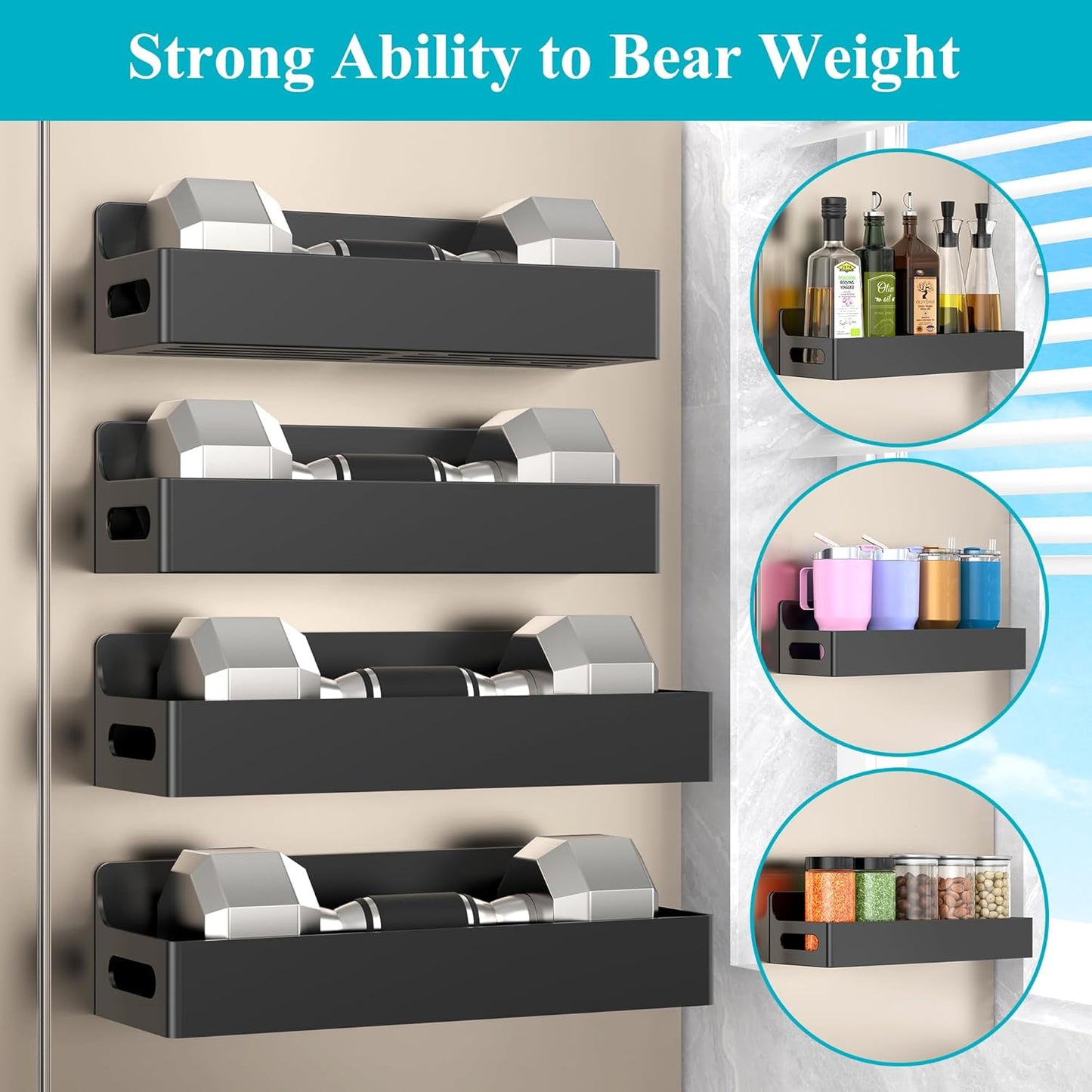4 Pack Magnetic Spice Rack Organizer for Refrigerator and Oven, Black Fridge Organizers and Storage for Kitchen | Kitchen Magnetic Shelf for Fridge, Spice Organizer and Storage, Baby Bottle Holder for Fridge, Magnetic Tea Bag Organizer