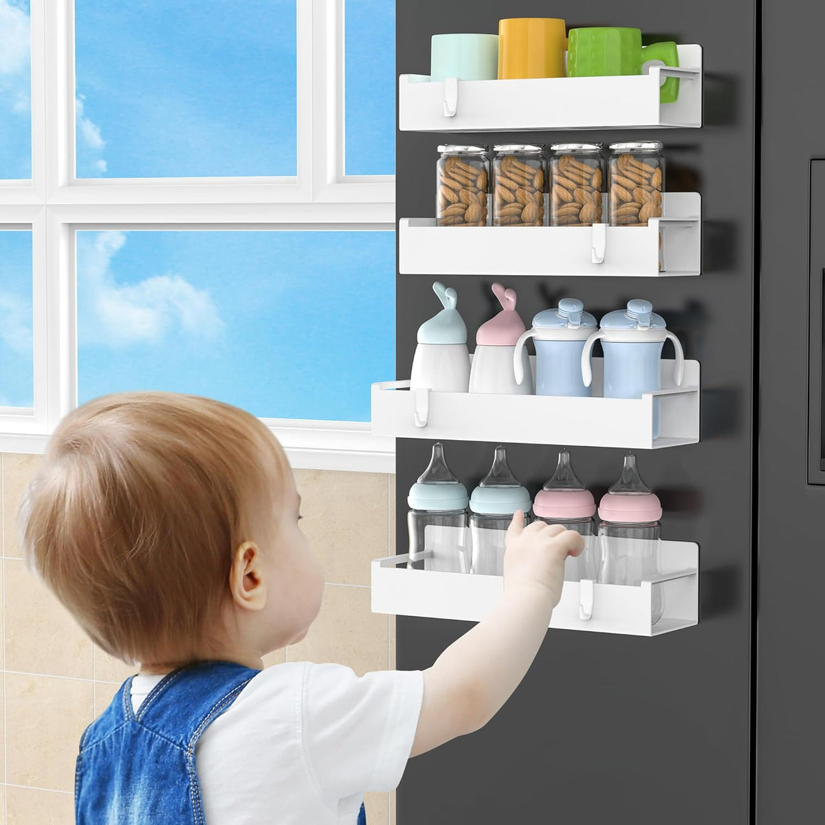 4 Pack Magnetic Spice Rack Organizer for Refrigerator and Oven, Black Fridge Organizers and Storage for Kitchen | Kitchen Magnetic Shelf for Fridge, Spice Organizer and Storage, Baby Bottle Holder for Fridge, Magnetic Tea Bag Organizer