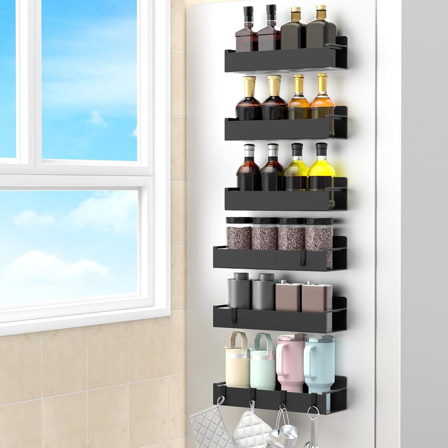 4 Pack Magnetic Spice Rack Organizer for Refrigerator and Oven, Black Fridge Organizers and Storage for Kitchen | Kitchen Magnetic Shelf for Fridge, Spice Organizer and Storage, Baby Bottle Holder for Fridge, Magnetic Tea Bag Organizer