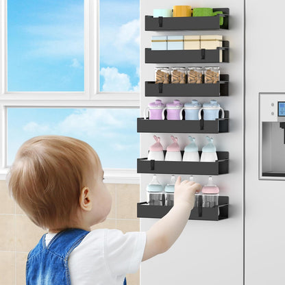 4 Pack Magnetic Spice Rack Organizer for Refrigerator and Oven, Black Fridge Organizers and Storage for Kitchen | Kitchen Magnetic Shelf for Fridge, Spice Organizer and Storage, Baby Bottle Holder for Fridge, Magnetic Tea Bag Organizer