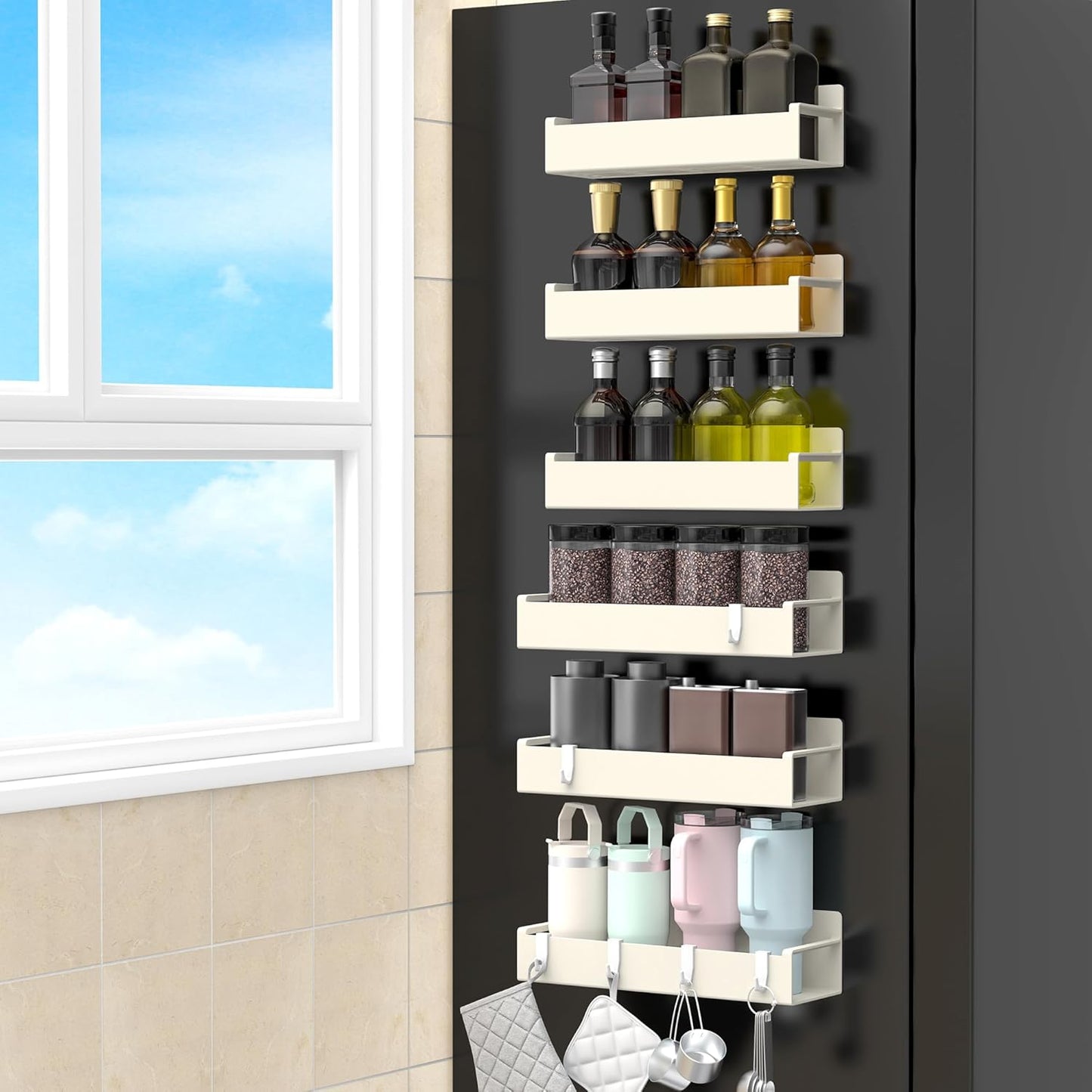 4 Pack Magnetic Spice Rack Organizer for Refrigerator and Oven, Black Fridge Organizers and Storage for Kitchen | Kitchen Magnetic Shelf for Fridge, Spice Organizer and Storage, Baby Bottle Holder for Fridge, Magnetic Tea Bag Organizer