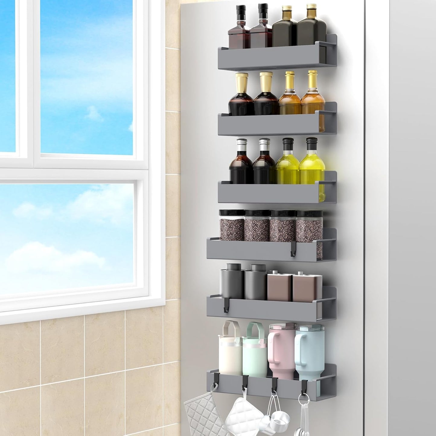 4 Pack Magnetic Spice Rack Organizer for Refrigerator and Oven, Black Fridge Organizers and Storage for Kitchen | Kitchen Magnetic Shelf for Fridge, Spice Organizer and Storage, Baby Bottle Holder for Fridge, Magnetic Tea Bag Organizer
