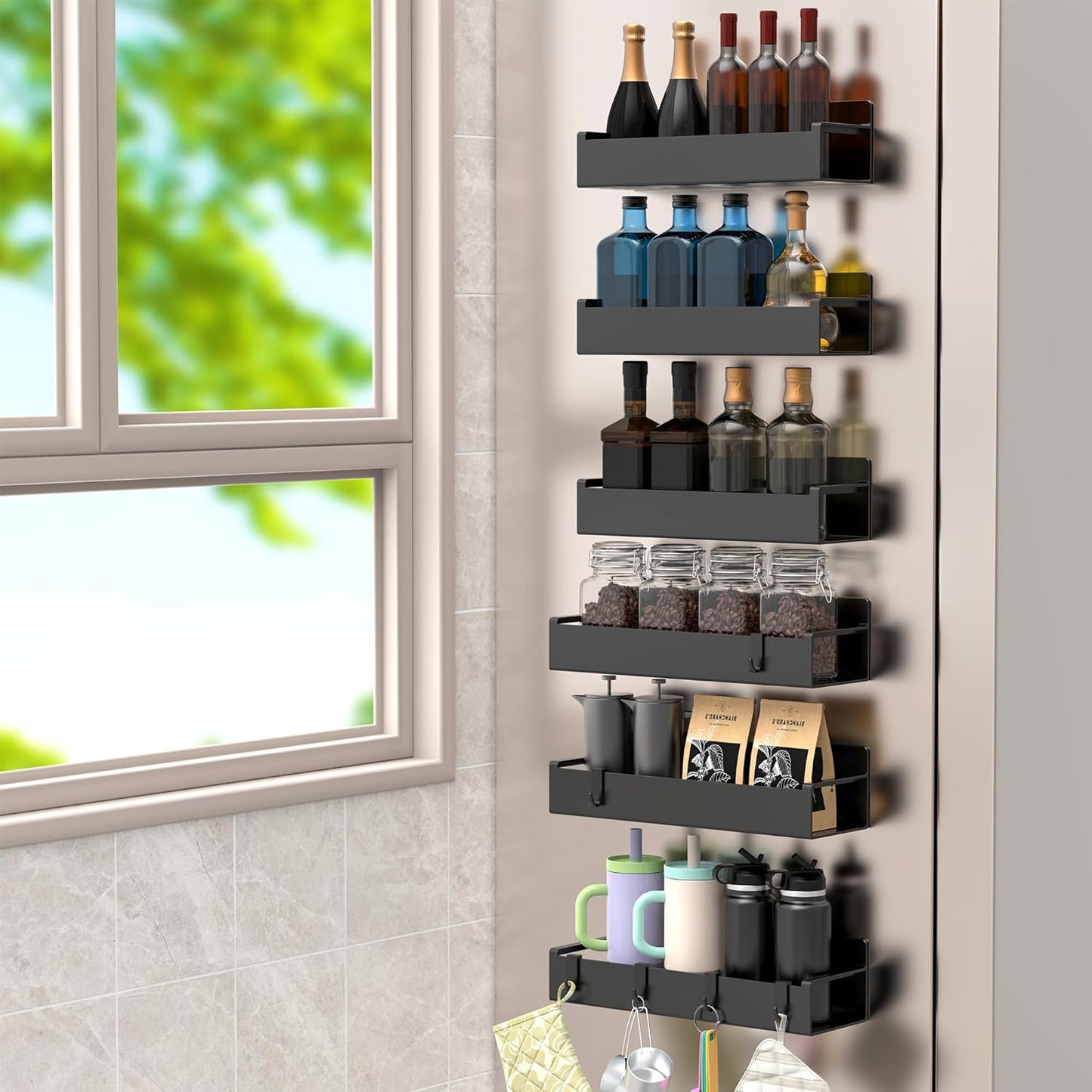 4 Pack Magnetic Spice Rack Organizer for Refrigerator and Oven, Black Fridge Organizers and Storage for Kitchen | Kitchen Magnetic Shelf for Fridge, Spice Organizer and Storage, Baby Bottle Holder for Fridge, Magnetic Tea Bag Organizer