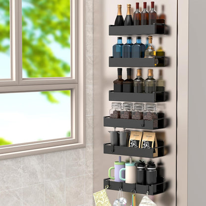 4 Pack Magnetic Spice Rack Organizer for Refrigerator and Oven, Black Fridge Organizers and Storage for Kitchen | Kitchen Magnetic Shelf for Fridge, Spice Organizer and Storage, Baby Bottle Holder for Fridge, Magnetic Tea Bag Organizer