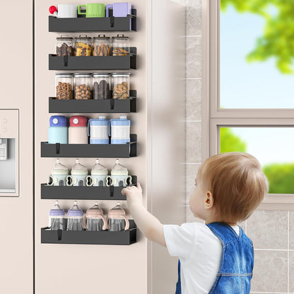 4 Pack Magnetic Spice Rack Organizer for Refrigerator and Oven, Black Fridge Organizers and Storage for Kitchen | Kitchen Magnetic Shelf for Fridge, Spice Organizer and Storage, Baby Bottle Holder for Fridge, Magnetic Tea Bag Organizer