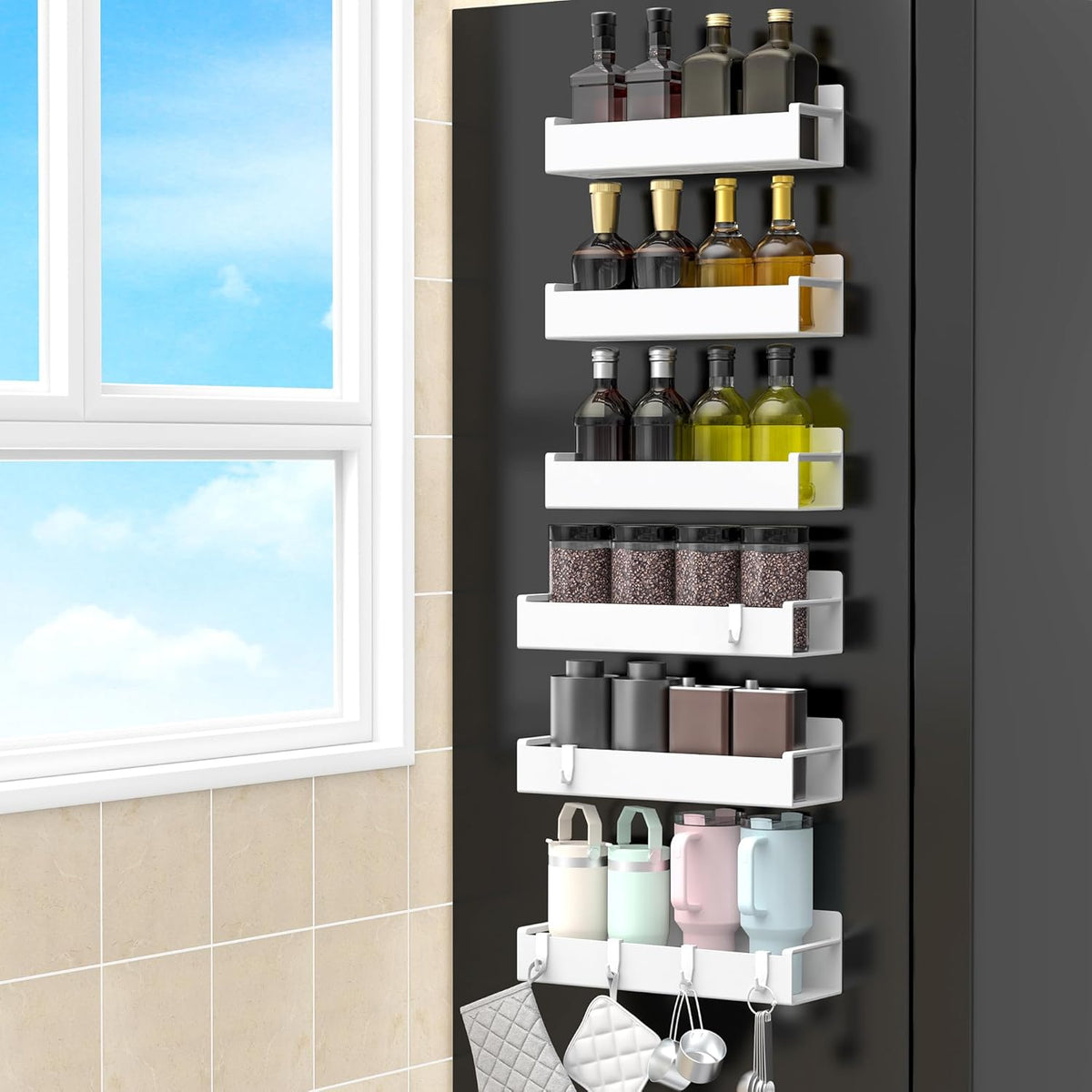 4 Pack Magnetic Spice Rack Organizer for Refrigerator and Oven, Black Fridge Organizers and Storage for Kitchen | Kitchen Magnetic Shelf for Fridge, Spice Organizer and Storage, Baby Bottle Holder for Fridge, Magnetic Tea Bag Organizer