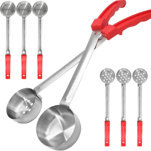 2oz Portion Control Serving Spoons, 8PCS, Red | Slotted and Unslotted Scoops, Heavy Duty Stainless Steel, Ideal for Restaurants/Weight Loss