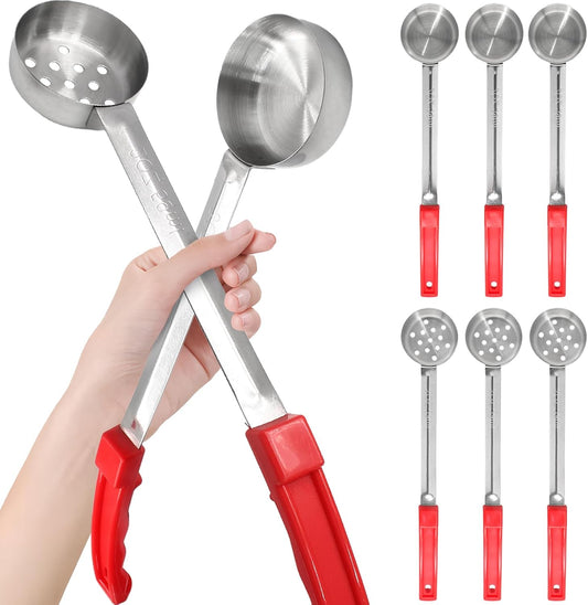 2oz Portion Control Serving Spoons, 8PCS, Red | Slotted and Unslotted Scoops, Heavy Duty Stainless Steel, Ideal for Restaurants/Weight Loss