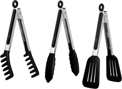 HST 3 Pack Kitchen Tongs, Non Stick Stainless Steel 9 Inch Tongs With Silicone Tip for Cooking BBQ Baking(Red)