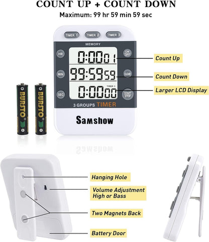 Digital Kitchen Timer Dual Timers 3 Channels Count UP/Down Cooking Timer Large Display, Adjustable Volume Alarm with Magnetic Back, Stand, Battery Included