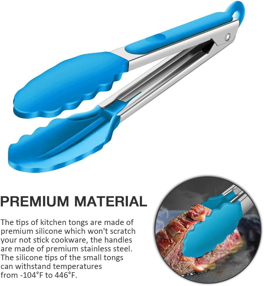Mini Silicone Serving Tongs Set of 3, Small Kitchen Tongs (7 inch) with Silicone Tips and Stainless Steel Handle, Cooking Tongs for Salads, Pasta, Steaks, Vegetables