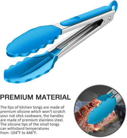 Mini Silicone Serving Tongs Set of 3, Small Kitchen Tongs (7 inch) with Silicone Tips and Stainless Steel Handle, Cooking Tongs for Salads, Pasta, Steaks, Vegetables