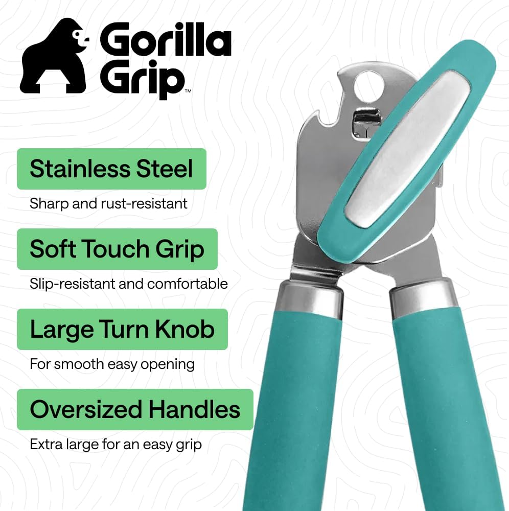 GORILLA GRIP Heavy Duty Stainless Steel Smooth Edge Manual Can Opener and Bottle Openers, US Designed, Soft Comfortable Handle, Oversized Handheld Turn Knob, Multifunctional Kitchen Tool, Black