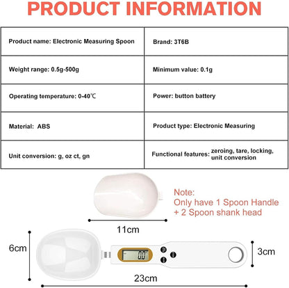 3T6B Digital Spoon Scale Electronic Measuring Spoon with 2 Replaceable Spoons, Food Coffee Weigh Scale High Precision for Home 500/0.1g, Digital Food Spoon Scale, Kitchen Scales with LCD Display