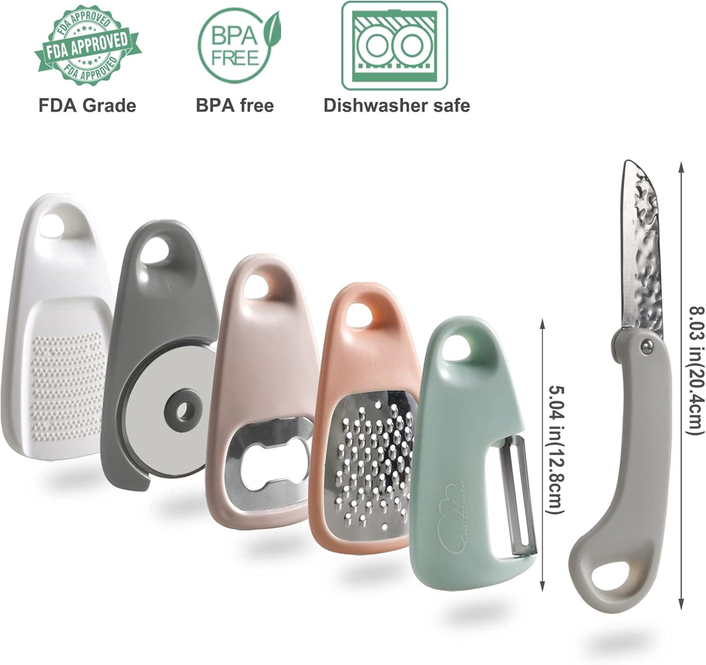 Kitchen Gadgets Set 5 Pieces, Space Saving Cooking Tools Kitchen Accessories - Fruit/Vegetable Peeler, Cheese/Chocolate Grater, Bottle Opener, Pizza Cutter, Garlic/Ginger Grinder Gift Set (Black)