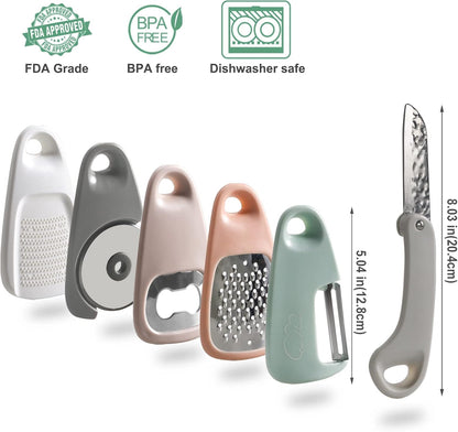 Kitchen Gadgets Set 5 Pieces, Space Saving Cooking Tools Kitchen Accessories - Fruit/Vegetable Peeler, Cheese/Chocolate Grater, Bottle Opener, Pizza Cutter, Garlic/Ginger Grinder Gift Set (Black)