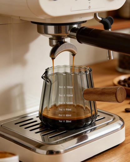 Espresso Measuring Cup 6 Oz, Espresso Glass Cups with Wood Handle, Milk Frothing Cup, Espresso Cup for Coffee, Milk, Tea or Maple Syrup Serving