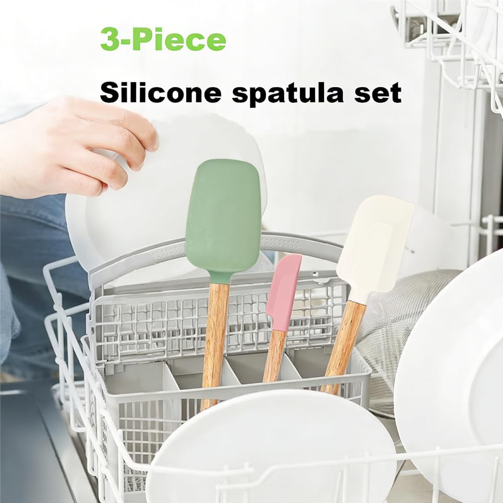 3PCS Silicone Spatula Wooden Handle Set, Heat Resistant Silicone Spatula, Spatulas Silicone Heat Resistant Wood, Rubber Spatula for Baking Non-Stick Cooking Mixing, Beige & Green & Pink