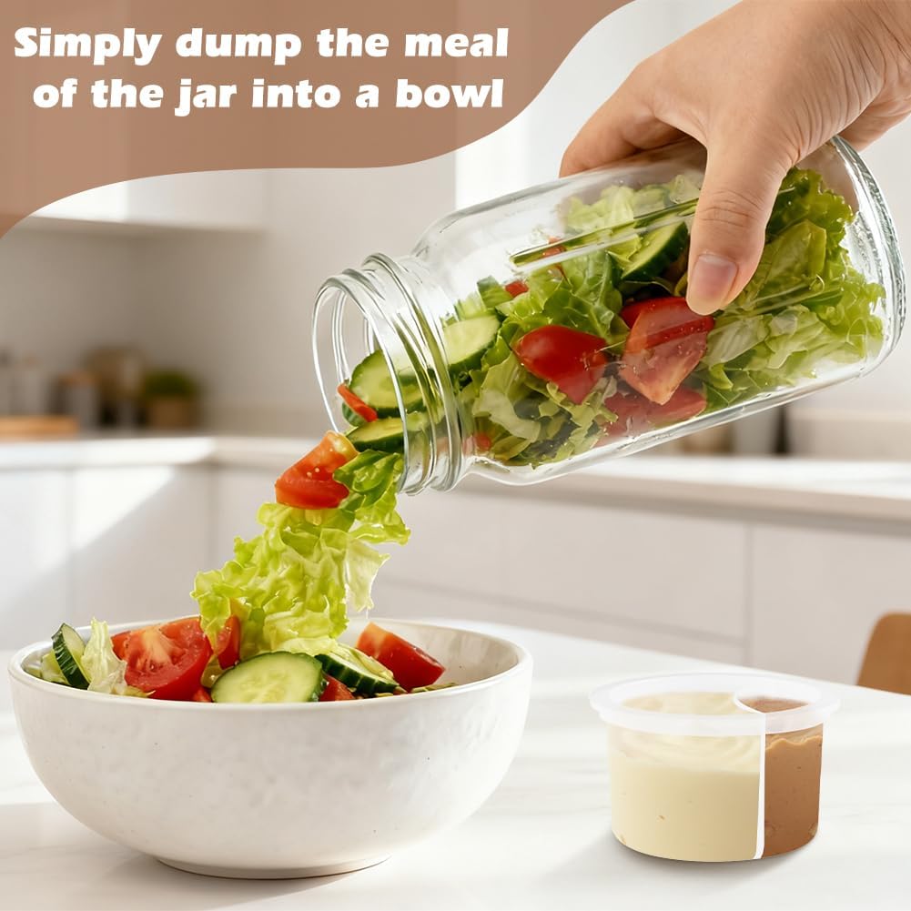 4 Pack Glass Salad Jars with Lids Meal Prep, 32oz Leakproof Mason Jar Salad Container for Lunch With 2pcs Brushes, Two Small Separate Compartments for Dressing and Dry Ingredients