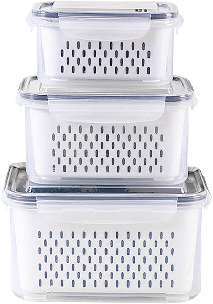 3Pack Fridge Food Storage Container Set with Lids with Strainer, Fruit Vegetable Storage Containers Keep Fruits, Vegetables, Berry, Meat Fresh longer, BPA-Free Plastic Produce Keepers