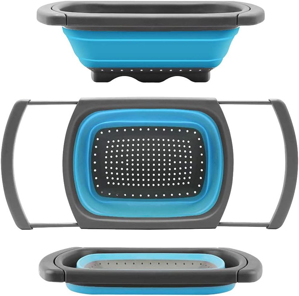 Alnicov Silicone Collapsible Colander,Colander Strainer Over The Sink Vegetable/Fruit Colanders Strainers with Extendable Handles for Pasta Vegetables Fruits Blue