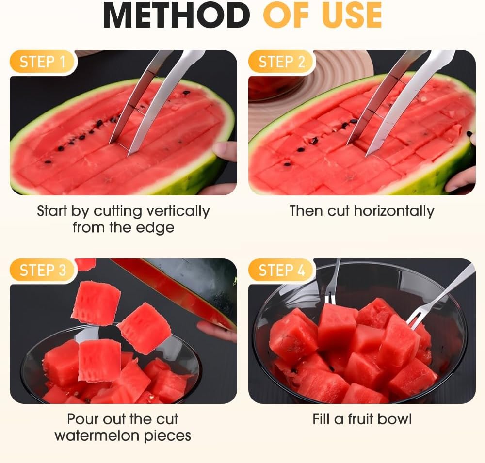 Watermelon Cutter Slicer - with 2 Forks, Stainless Steel Watermelon Cube Cutter, Easy Watermelon Knife Fruit Slicer Tool, Melon Baller Kitchen Gadget for Fruit Salad (1 Set)