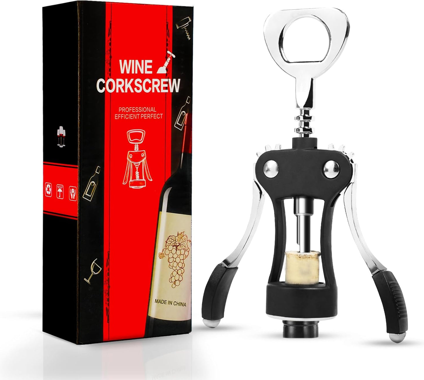 Wine Opener, Zinc Alloy Wine Bottle Opener, Wing Corkscrew Wine Bottle Opener, 2-in-1 Multifunctional Design (black)