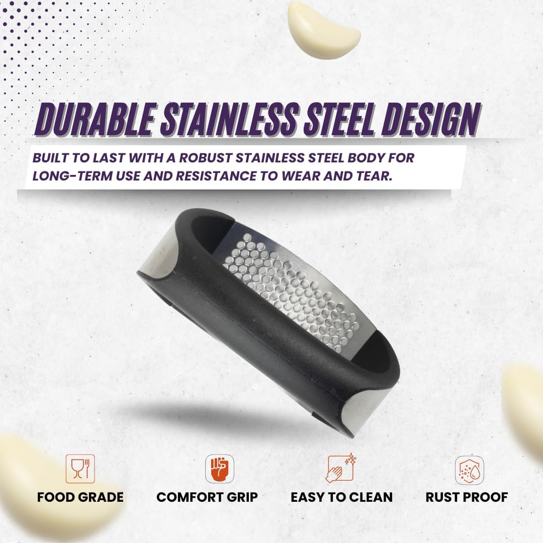 Garlic Press Rocker Set- Premium Garlic Crusher- Innovative & Fast Garlic mincer- Peeler and Scraper Included- Comfortable Grip