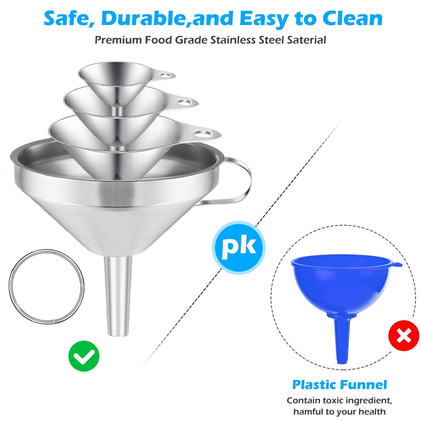 Toncoo 3 Pack Stainless Steel Funnels for Kitchen Use, Food Grade Cooking Funnel with 3 Strainer, Kitchen Funnel Set Metal Funnels for Filling Bottles
