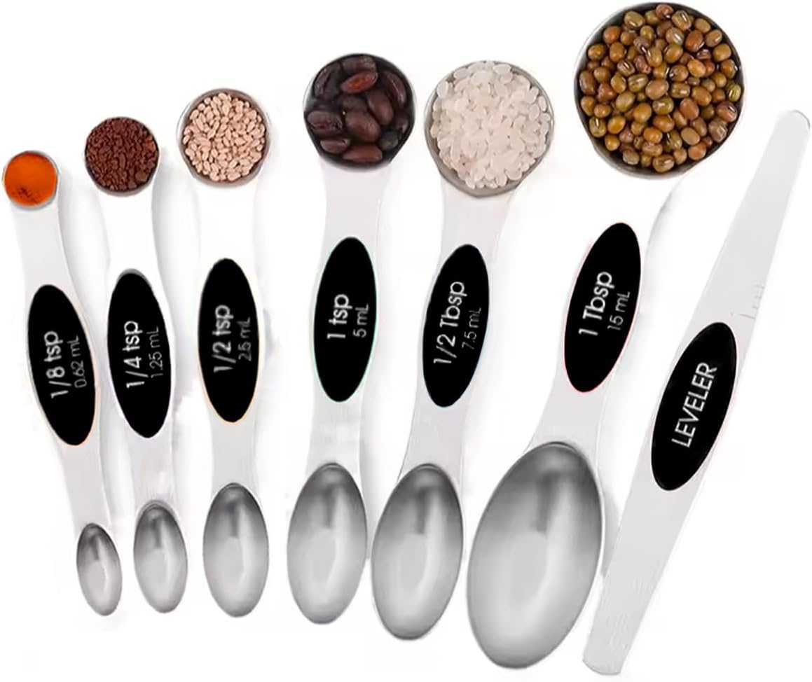 Set of 7 Stainless Steel Magnetic Measuring Spoons Set with Leveler - Stackable Tablespoon Measure Spoon for Baking and Cooking, Kitchen Gadgets for Apartment Essentials (Pink)