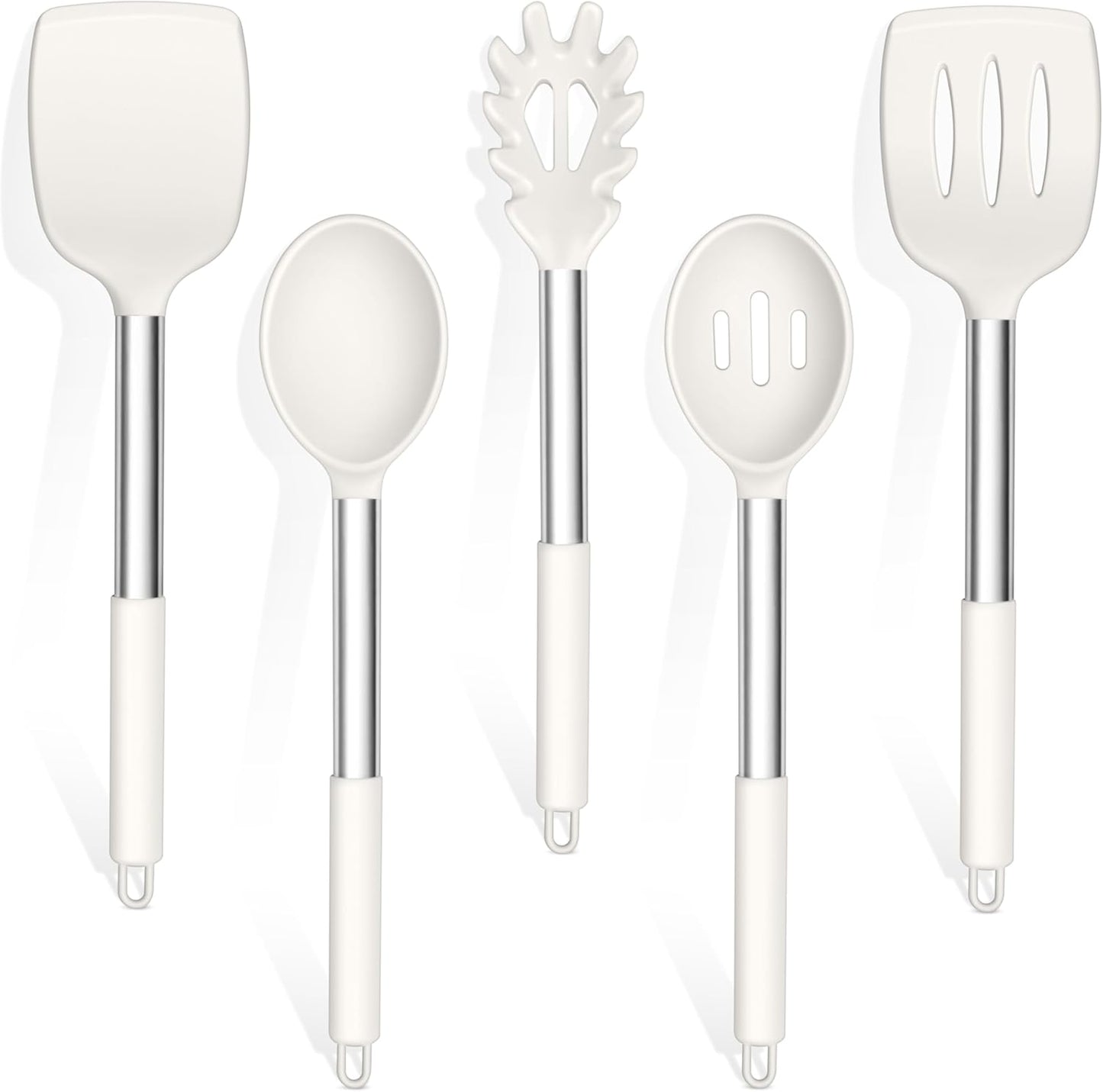 TeamFar Cooking Utensils Set, 5 PCS Silicone Kitchen Utensils with Stainless Steel Handle, for Nonstick Cookware Flipping Frying Turning Draining, Heatproof & Healthy, Nonstick & Easy Clean, Black