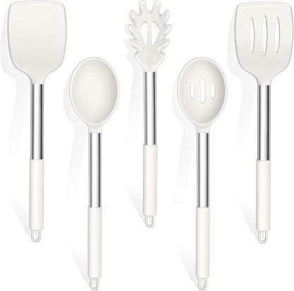TeamFar Cooking Utensils Set, 5 PCS Silicone Kitchen Utensils with Stainless Steel Handle, for Nonstick Cookware Flipping Frying Turning Draining, Heatproof & Healthy, Nonstick & Easy Clean, Black