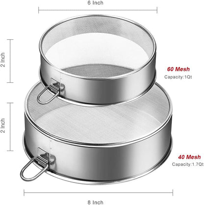 Webake Sieve 6-Inch 60 Mesh, 8-Inch 40 Mesh Sieves Fine Mesh Strainer Set of 2 Stainless Steel Sifter Round Flour Sieve for Baking Straining Powdering