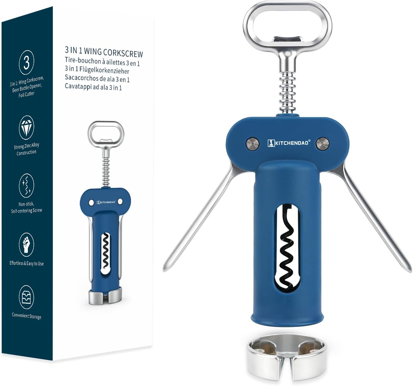KITCHENDAO Luxury 3 in 1 Wine Opener with Foil Cutter, Beer Bottle Opener, Sturdy Zinc Alloy Wing Corkscrew with Self-centering Non-stick Sharp Screw, Easy to Remove Cork, Manual Corkscrew (Black)