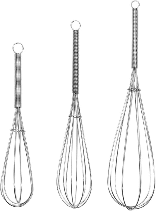 Digead Mini Wire Whisk, 3-Pack - 8, 10 & 12 Inch Small Whisk for Cooking - Ergonomic Spiral Handle, 304 Stainless Steel - Ideal for Whisking, Beating, Blending & Mixing Sauces - Silver