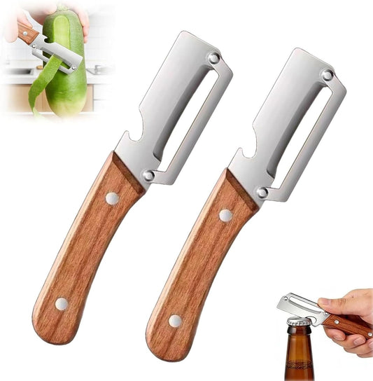 Multifunctional Vegetable Peeler, 2-in-1 Kitchen Peeler with Wooden Handle, Fruit Peeler and Bottle Opener for Potato, Apple, Carrot, 2 Pieces