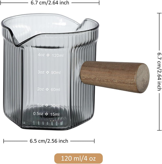 Joeyan 6 oz Glass Measuring Cups with Spout,Borosilicate Glass Triple Pitcher with Scale,Origami Style Espresso Shot Glasses with Wood Handle for Coffee Milk,Dishwasher Safe
