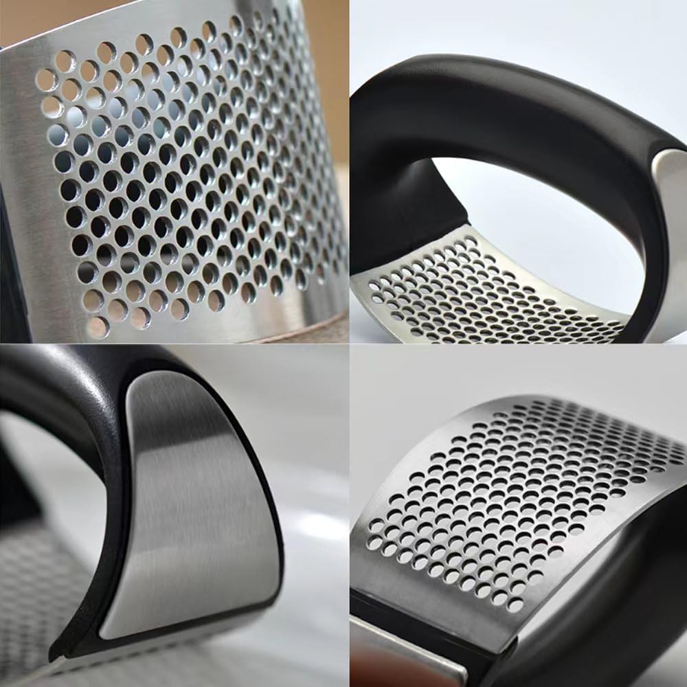 Garlic Press Rocker Stainless Steel Garlic Crusher, Mincer and Chopper with Peeler and Scraper,brush, Easy Kitchen Gadget for Effortless Smashing