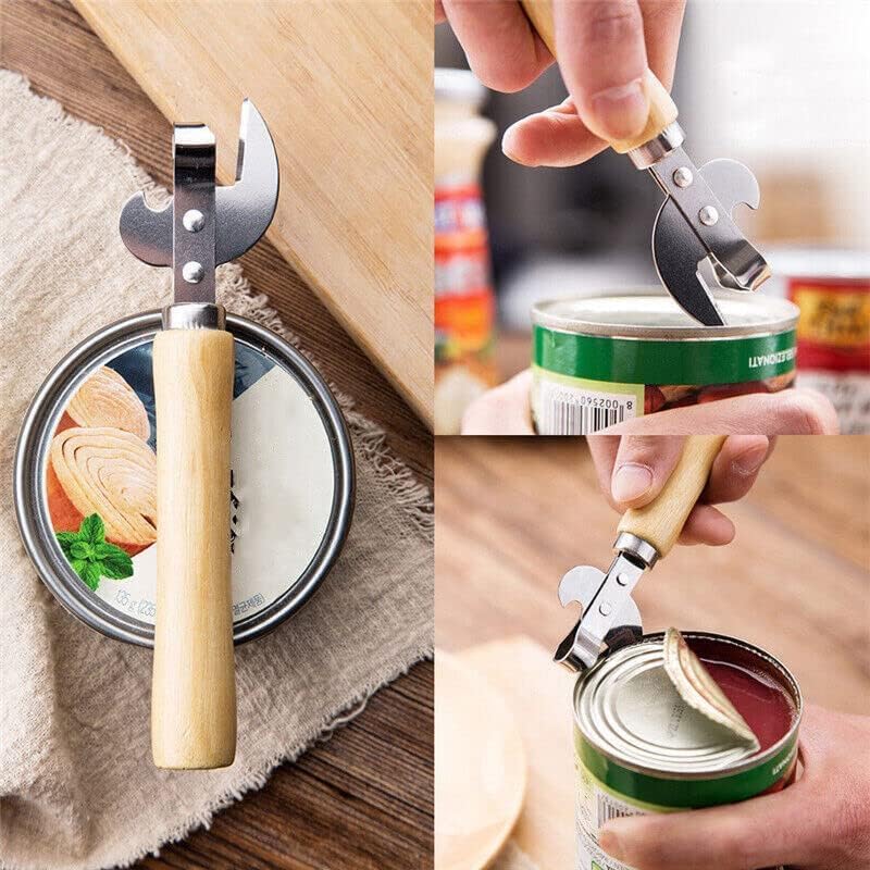 Stainless Steel Kitchen Utensil Multifunctional Lid Remov-e Side Cut Manual Can Opener with Wood Handle