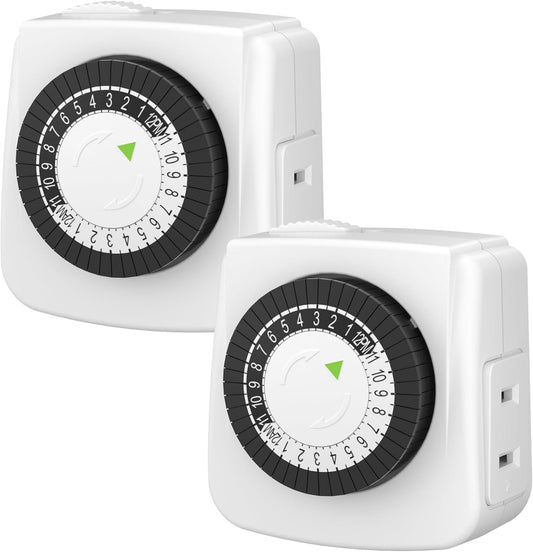BN-LINK Heavy Duty Mechanical 24 Hour Timer Dual Outlet 3-Prong Accurate Indoor for Lamps Fans Christmas Lights White AC 1875W 1/2 HP, ETL Listed