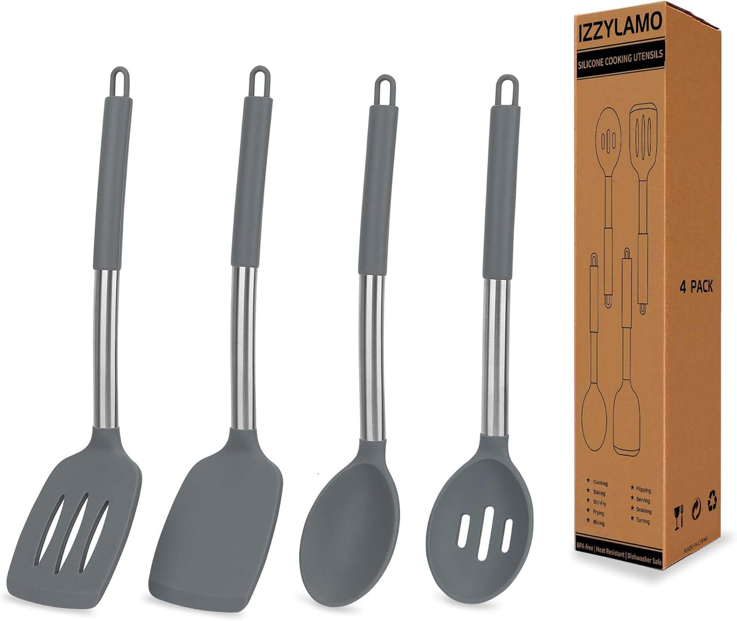4 Pack Silicone Utensils Set，Non Stick Solid Spatulas, Slotted Spoons with Stainless Steel Handle，Spatulas for Cooking，Frying, Mixing, Serving -Blue