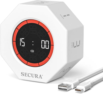 Secura Pomodoro Timer, Rotating Cube Time Tracker, Flip Gravity Sensor with 7 Presets(1/3/5/10/15/30/60 Min), Visual Progress Bar for ADHD, Kids, Tasks, Work, Study (White)